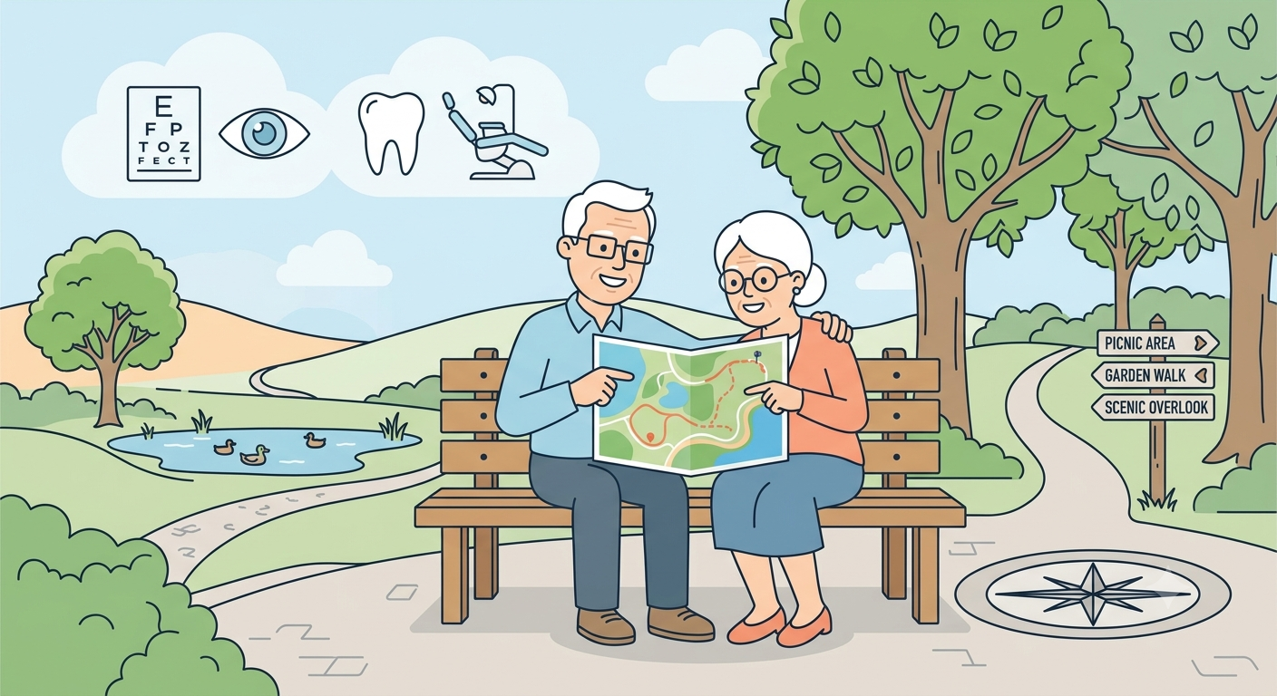 • A cheerful senior couple reviews a park map, with icons symbolizing dental and vision coverage in retirement above.