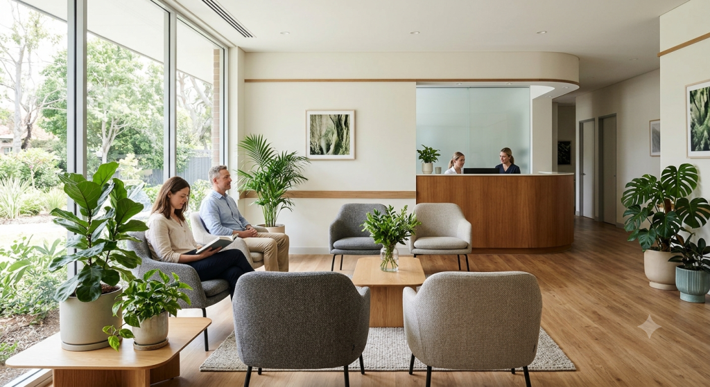 A modern, brightly lit healthcare clinic waiting room with comfortable seating, lush plants, and patients receiving accessible everyday health care services.