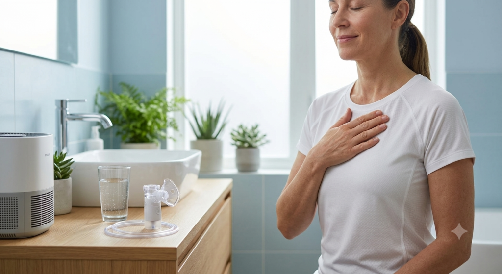 Close-up of breathing therapy in living room, including a nebulizer, essential for managing health while living with bronchiectasis.