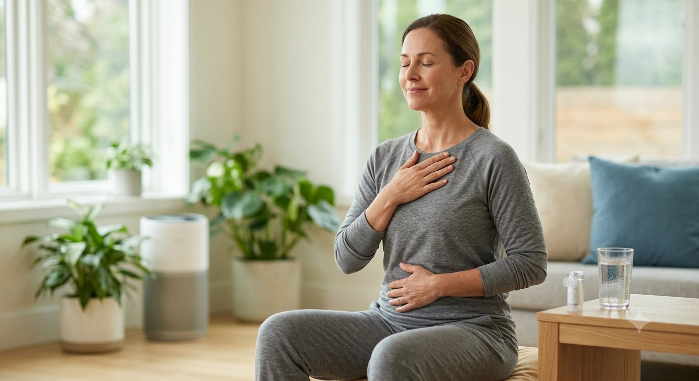 Woman with eyes closed practices deep breathing near an air purifier and nebulizer, showing daily life living with bronchiectasis.