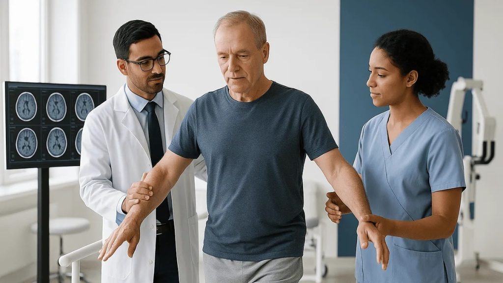 A doctor and nurse helping a senior male patient with physical mobility exercises during clinical research for CIDP