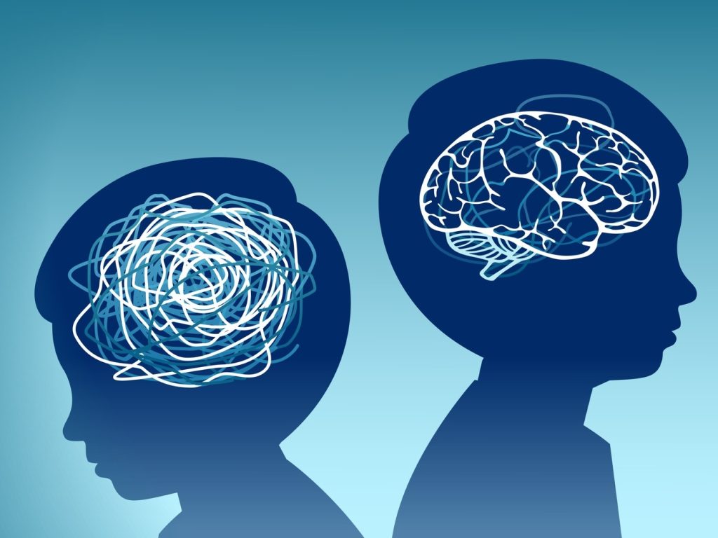Blue silhouette comparing a tangled thoughts head with a structured brain illustration, representing Living with ADHD