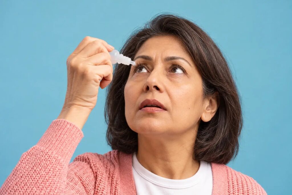 Middle-aged woman applying hydrating eye drops to relieve menopause dry eye symptoms.