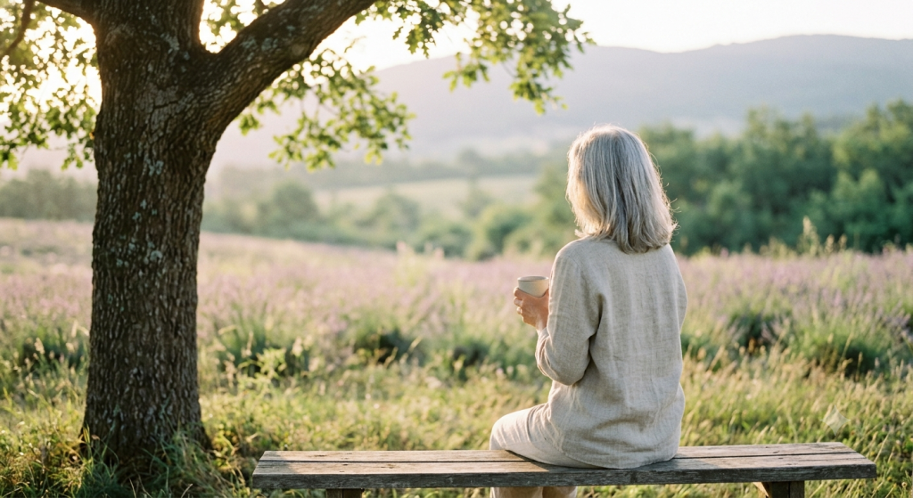 A peaceful woman relaxing outdoors on a wooden bench overlooking a scenic field, finding calm while coping with Menopause Symptoms.
