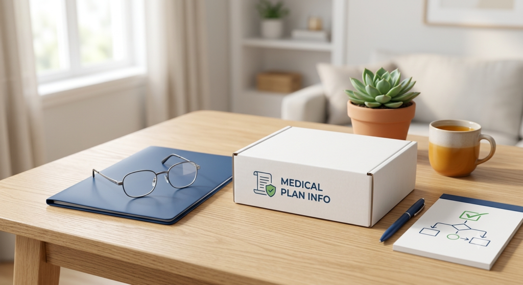 A realistic desk with a box labeled Medical Plan Info, glasses, and a checklist. Analyzing plan details helps clear up common Medicare misconceptions and avoid costly enrollment errors.