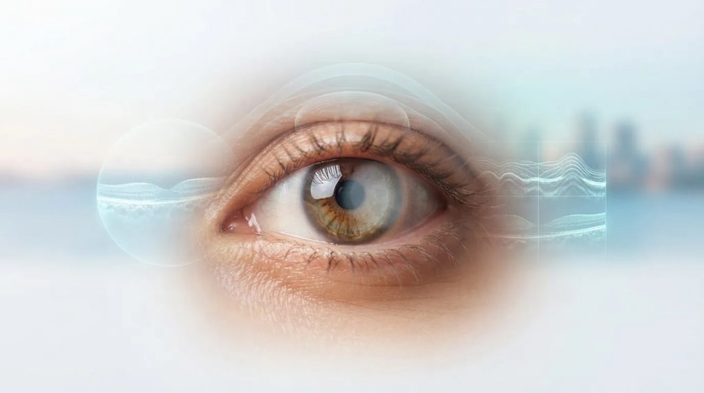 Close-up of a human eye with digital medical scan overlays, illustrating advanced diagnostic care for vision changes.
