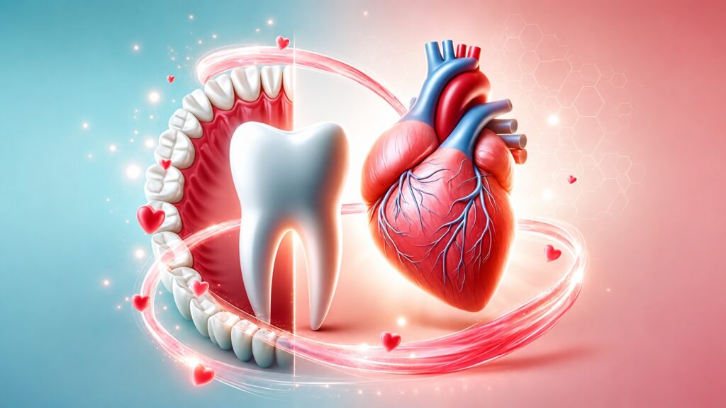 3D graphic of a healthy tooth and human heart connected by light trails, illustrating the link between oral and cardiovascular health.