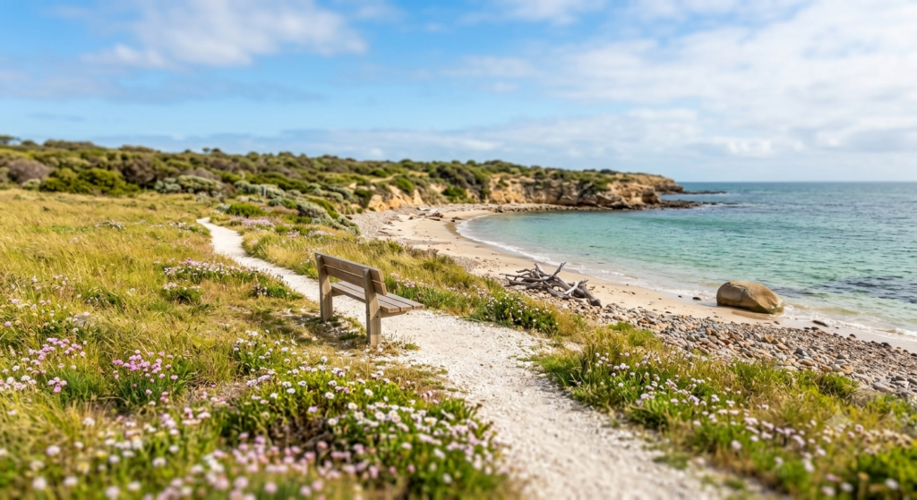 A serene coastal green park featuring wooden benches on a grassy lawn near the ocean, advocating for tobacco-free parks.