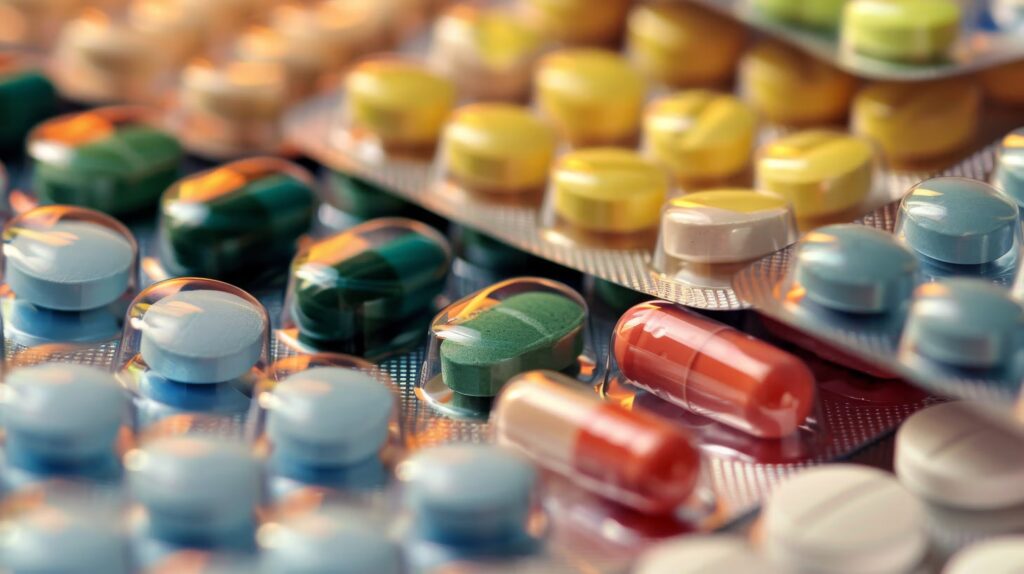 Close-up view of various prescription pills and blister packs representing affordable biosimilar drugs options.