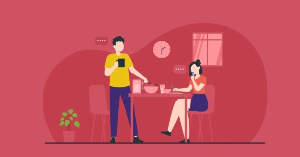 ): Flat vector illustration of two colleagues sharing food and drinks at a table, showing how taking regular lunch breaks at work fosters social connection