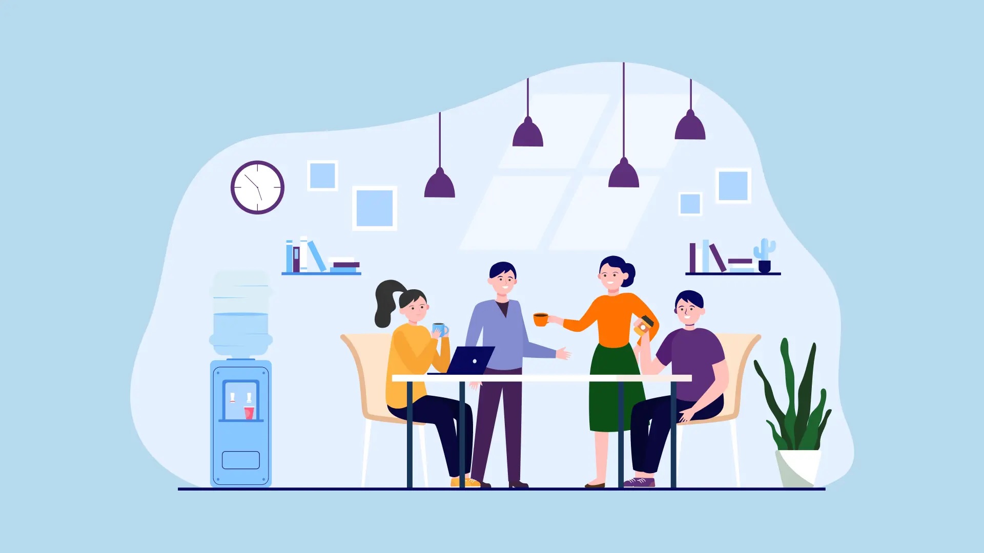 Vector illustration of four coworkers talking, laughing, and enjoying coffee together in a modern office breakroom during lunch breaks at work